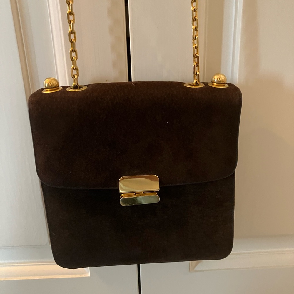 Elegant Brown Suede Koret Evening Shoulder Bag with gold link chain
